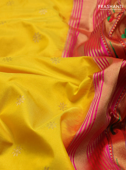 Pure paithani silk saree yellow and pink with allover zari woven buttas and paithani weaving pallu