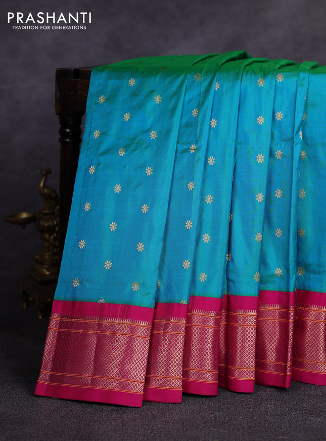 Pure paithani silk saree teal green and pink with allover zari woven buttas and paithani weaving pallu