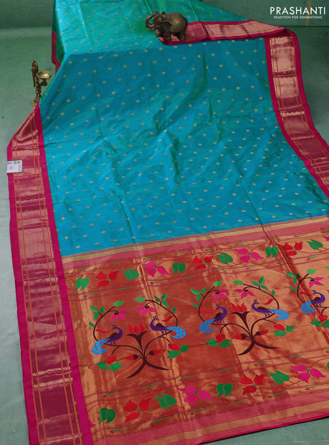 Pure paithani silk saree teal green and pink with allover zari woven buttas and paithani weaving pallu