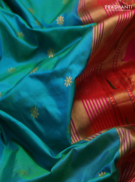 Pure paithani silk saree teal green and pink with allover zari woven buttas and paithani weaving pallu