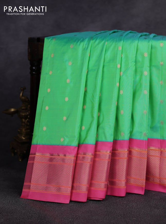 Pure paithani silk saree teal green and peach pink with allover zari woven buttas and paithani weaving pallu