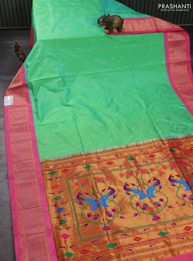 Pure paithani silk saree teal green and peach pink with allover zari woven buttas and paithani weaving pallu