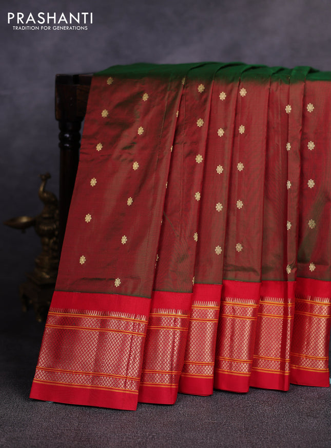Pure paithani silk saree dual shade of greenish maroon and red with allover zari woven buttas and paithani weaving pallu