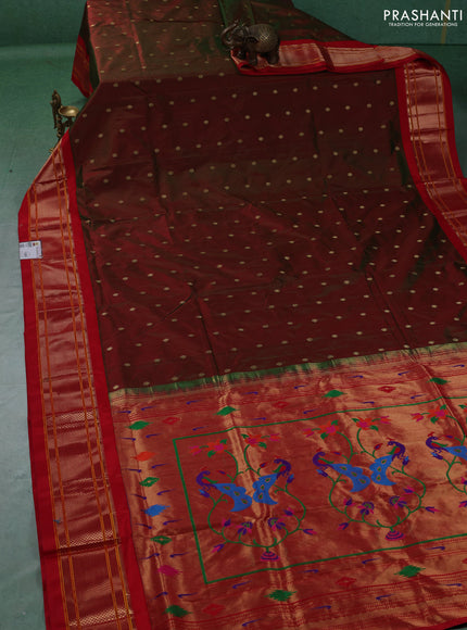 Pure paithani silk saree dual shade of greenish maroon and red with allover zari woven buttas and paithani weaving pallu