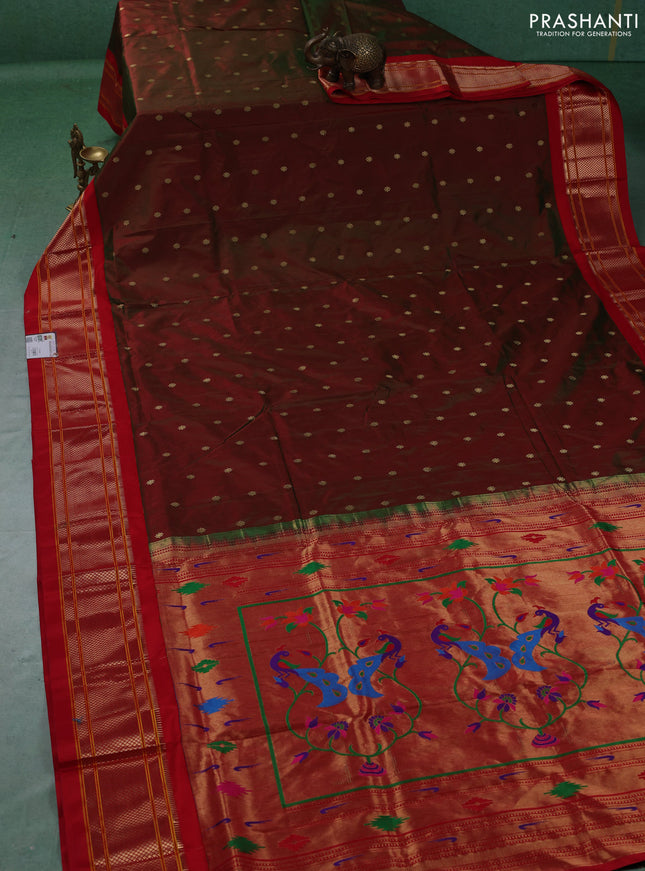 Pure paithani silk saree dual shade of greenish maroon and red with allover zari woven buttas and paithani weaving pallu