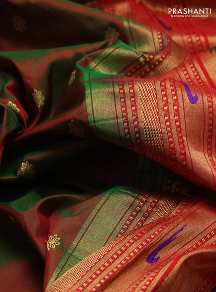Pure paithani silk saree dual shade of greenish maroon and red with allover zari woven buttas and paithani weaving pallu