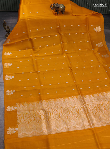 Banarasi organza saree mango yellow with silver & gold zari woven buttas in borderless style