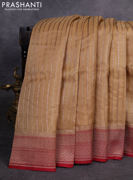 Banarasi organza saree sandal and red with allover stripes pattern and banarasi style border