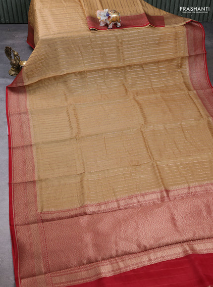 Banarasi organza saree sandal and red with allover stripes pattern and banarasi style border