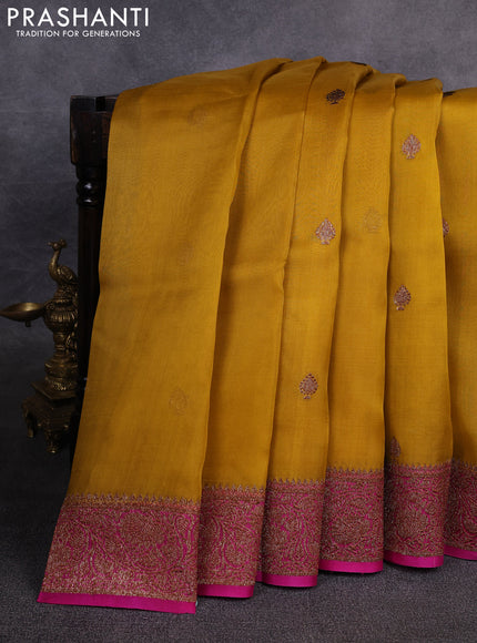 Banarasi organza saree mustard yellow and pink with woven buttas and banarasi style border