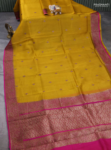 Banarasi organza saree mustard yellow and pink with woven buttas and banarasi style border