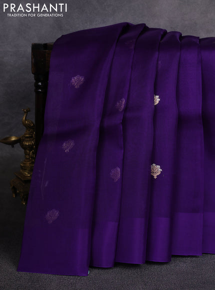 Banarasi organza saree violet with silver & gold zari woven buttas and simple border