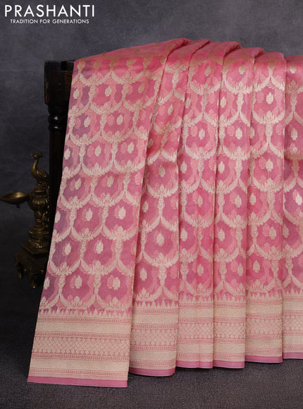 Banarasi organza saree peach pink with allover banarasi zari weaves and zari woven border