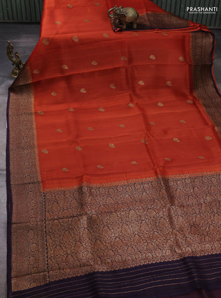 Banarasi organza saree rustic orange and deep jamun with woven buttas and banarasi style border