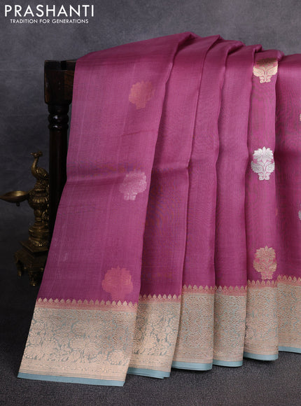 Banarasi organza saree mauve pink and teal shade with zari woven buttas and zari woven border
