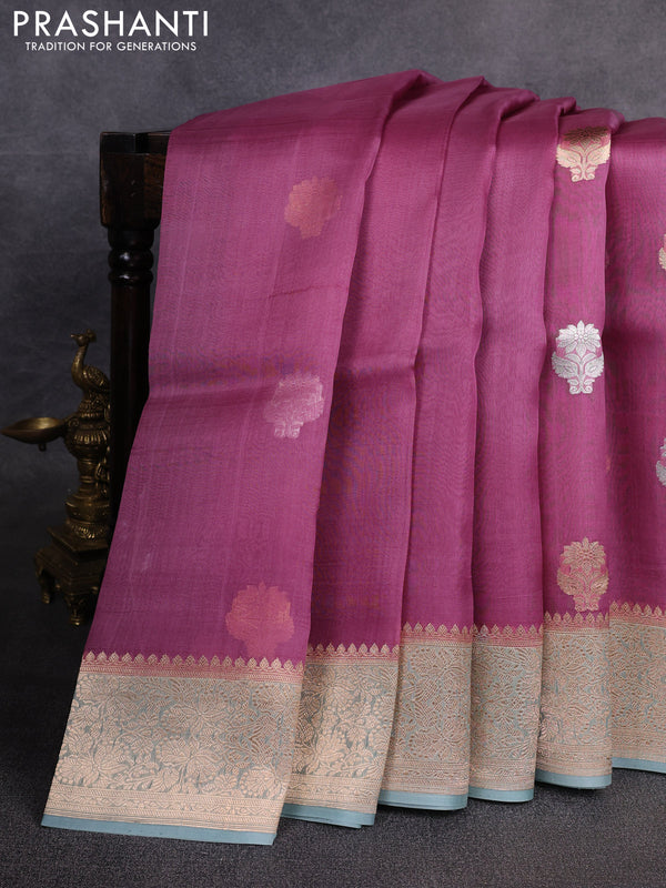 Banarasi organza saree mauve pink and teal shade with zari woven buttas and zari woven border