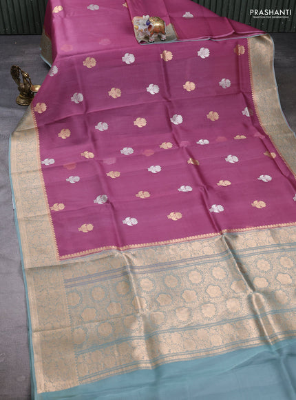 Banarasi organza saree mauve pink and teal shade with zari woven buttas and zari woven border