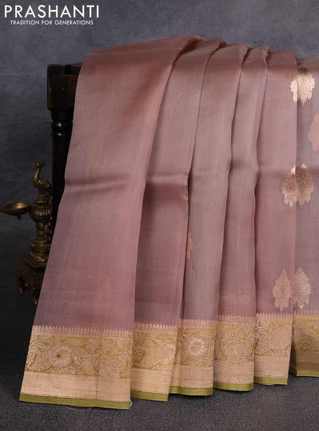 Banarasi organza saree pastel brown and mehendi green with zari woven buttas and zari woven border