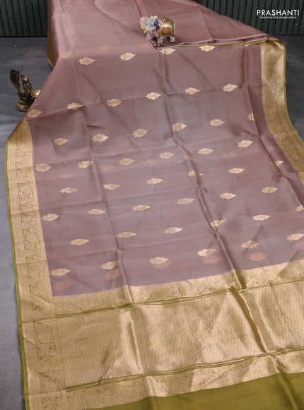 Banarasi organza saree pastel brown and mehendi green with zari woven buttas and zari woven border
