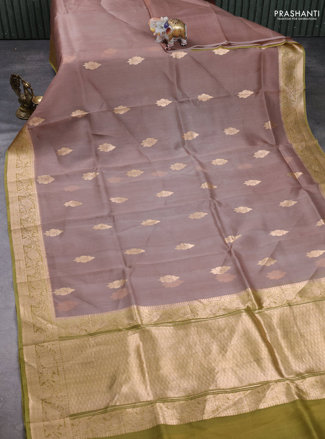 Banarasi organza saree pastel brown and mehendi green with zari woven buttas and zari woven border