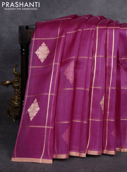 Banarasi organza saree pink with allover zari checks & buttas and zari woven piping border