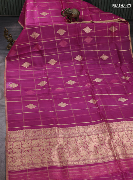 Banarasi organza saree pink with allover zari checks & buttas and zari woven piping border