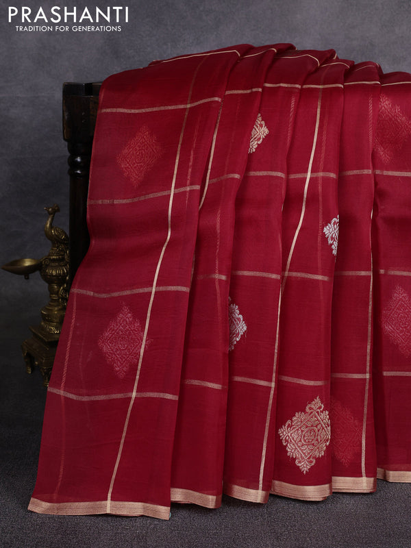 Banarasi organza saree red with allover zari checks & buttas and zari woven piping border