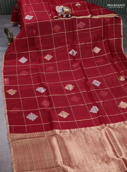 Banarasi organza saree red with allover zari checks & buttas and zari woven piping border
