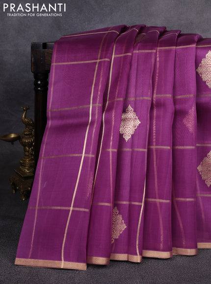 Banarasi organza saree purple with allover zari checks & buttas and zari woven piping border