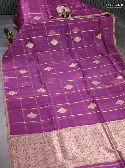 Banarasi organza saree purple with allover zari checks & buttas and zari woven piping border