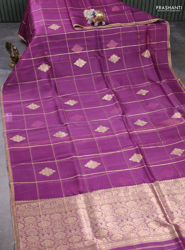 Banarasi organza saree purple with allover zari checks & buttas and zari woven piping border