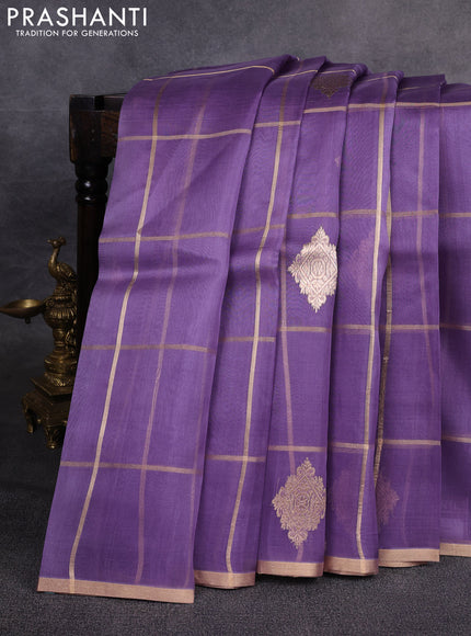 Banarasi organza saree lavender with allover zari checks & buttas and zari woven piping border