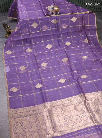 Banarasi organza saree lavender with allover zari checks & buttas and zari woven piping border