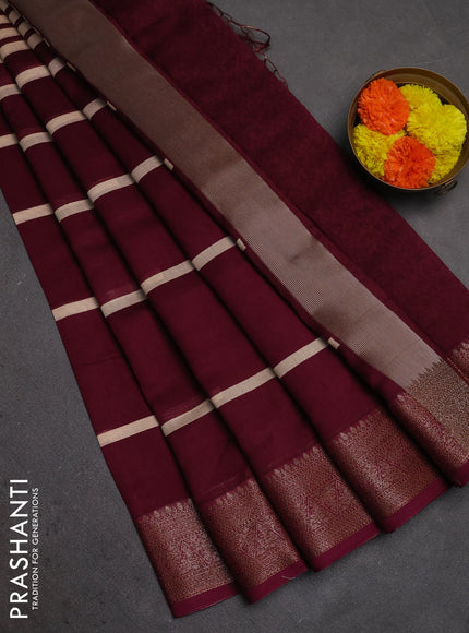 Chanderi silk cotton saree wine shade and beige with allover stripe pattern and banarasi style border