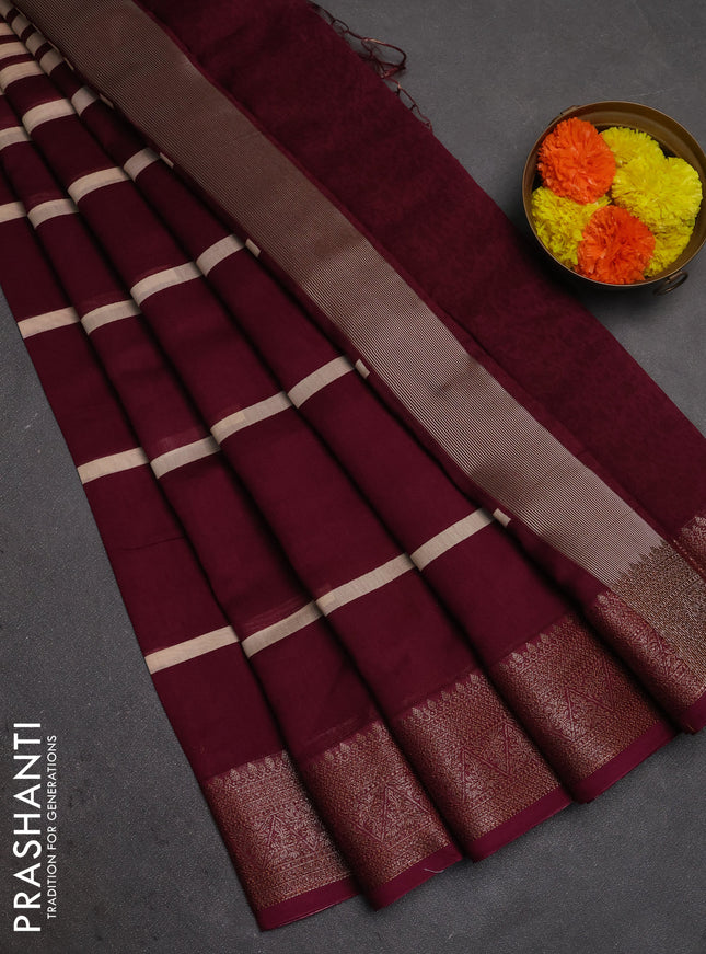 Chanderi silk cotton saree wine shade and beige with allover stripe pattern and banarasi style border