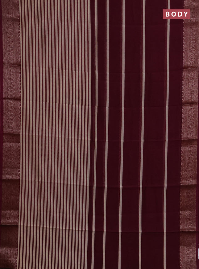 Chanderi silk cotton saree wine shade and beige with allover stripe pattern and banarasi style border