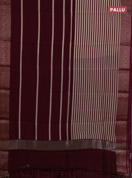 Chanderi silk cotton saree wine shade and beige with allover stripe pattern and banarasi style border