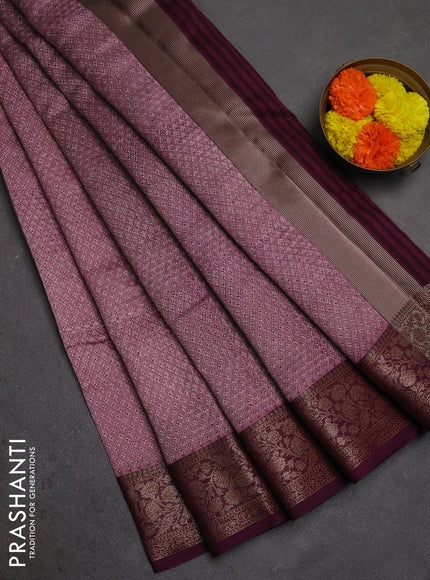 Chanderi silk cotton saree pastel pink and wine shade with allover prints and banarasi style border