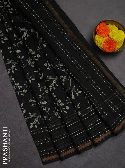 Chanderi silk cotton saree black with allover kalamkari prints and kantha stitch work border