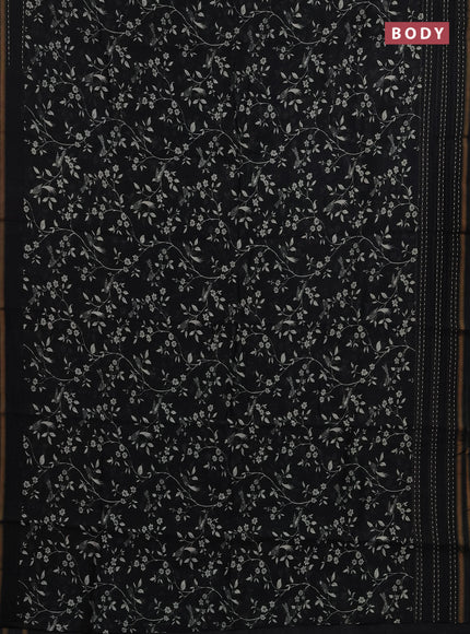 Chanderi silk cotton saree black with allover kalamkari prints and kantha stitch work border