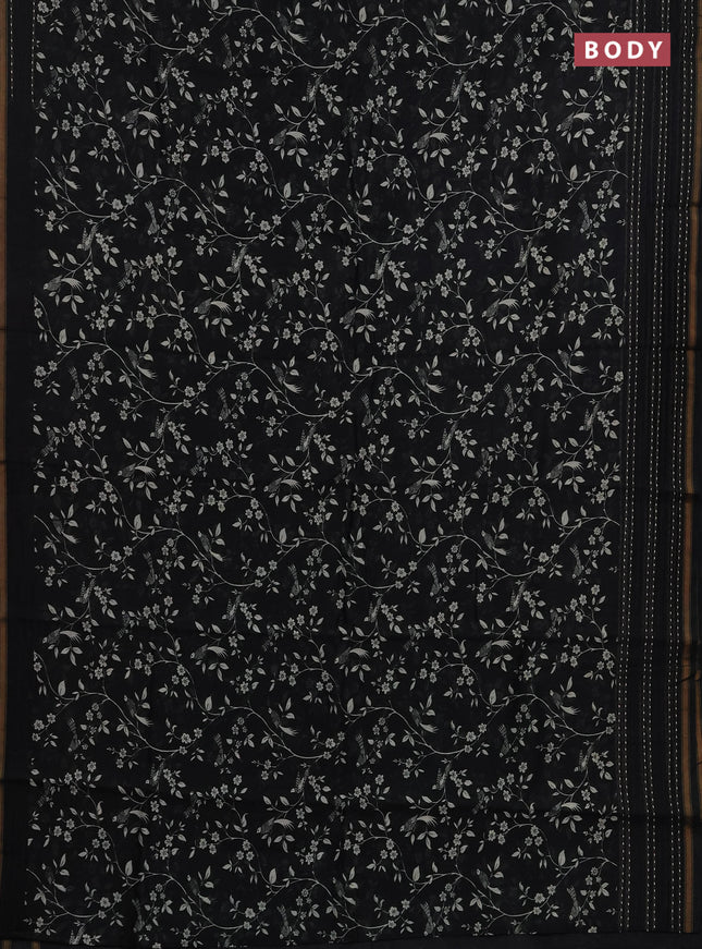 Chanderi silk cotton saree black with allover kalamkari prints and kantha stitch work border