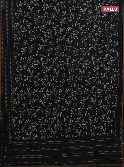 Chanderi silk cotton saree black with allover kalamkari prints and kantha stitch work border