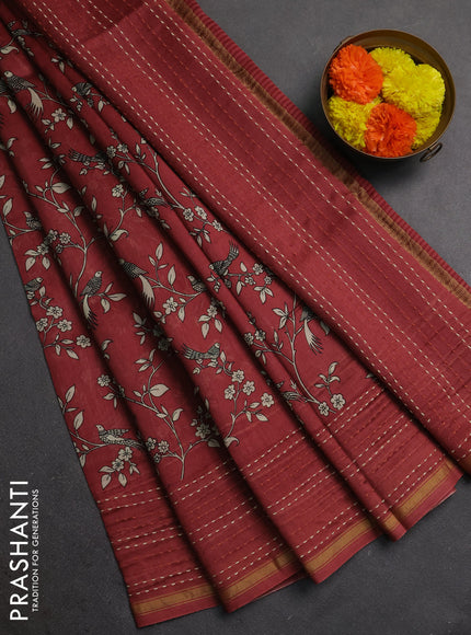 Chanderi silk cotton saree maroon with allover kalamkari prints and kantha stitch work border