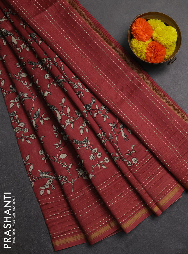Chanderi silk cotton saree maroon with allover kalamkari prints and kantha stitch work border
