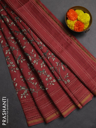 Chanderi silk cotton saree maroon with allover kalamkari prints and kantha stitch work border