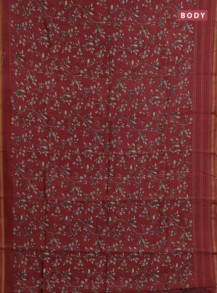 Chanderi silk cotton saree maroon with allover kalamkari prints and kantha stitch work border