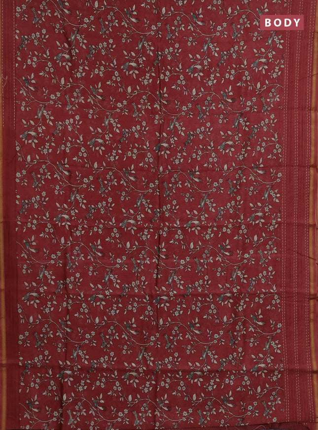 Chanderi silk cotton saree maroon with allover kalamkari prints and kantha stitch work border