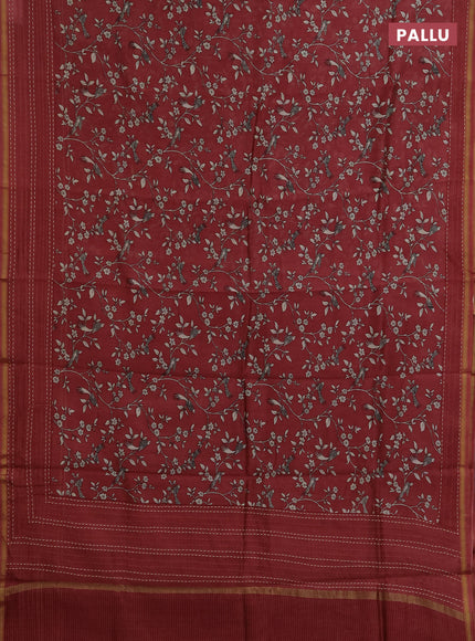 Chanderi silk cotton saree maroon with allover kalamkari prints and kantha stitch work border