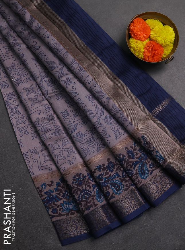 Chanderi silk cotton saree grey and blue with allover prints and rettapet printed banarasi style border