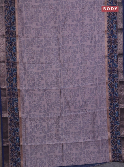 Chanderi silk cotton saree grey and blue with allover prints and rettapet printed banarasi style border